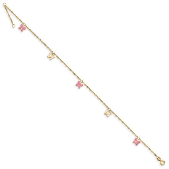 14k Yellow Gold and Enameled Butterfly Adjustable Anklet, 10 Inch - Picture 2 of 5